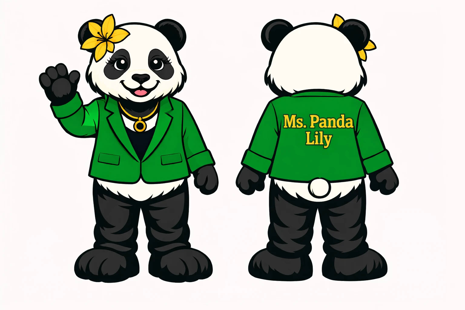 Ms. Panda Lily front & back character design reference sheet